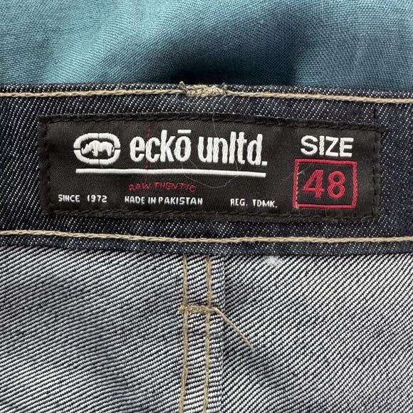 Ecko Unltd Shorts Mens 48 Blue Denim Dark Wash Embroidered Rhino Logo Y2K Baggy - Picture 4 of 10